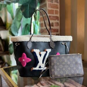LOUIS VUITTON Neverfull MM Black Calfskin Leather Monogram Teddy Shearling Tote